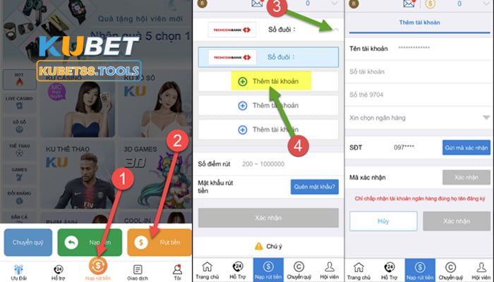 Hướng dẫn thêm thẻ rút tiền Kubet